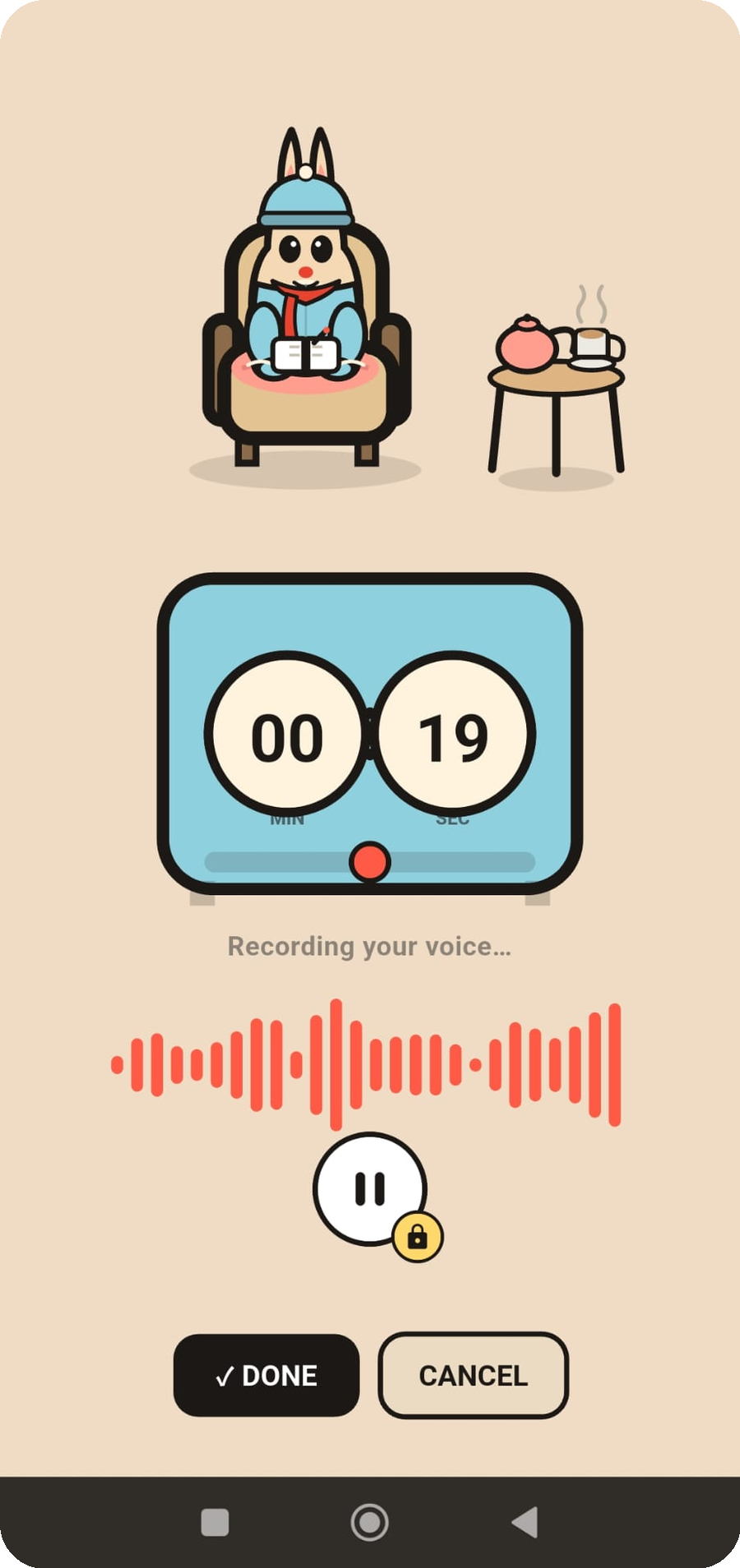 Gossip Rabbit voice journaling screen, showing a rabbit sitting in an armchair with a recording timer and waveform
